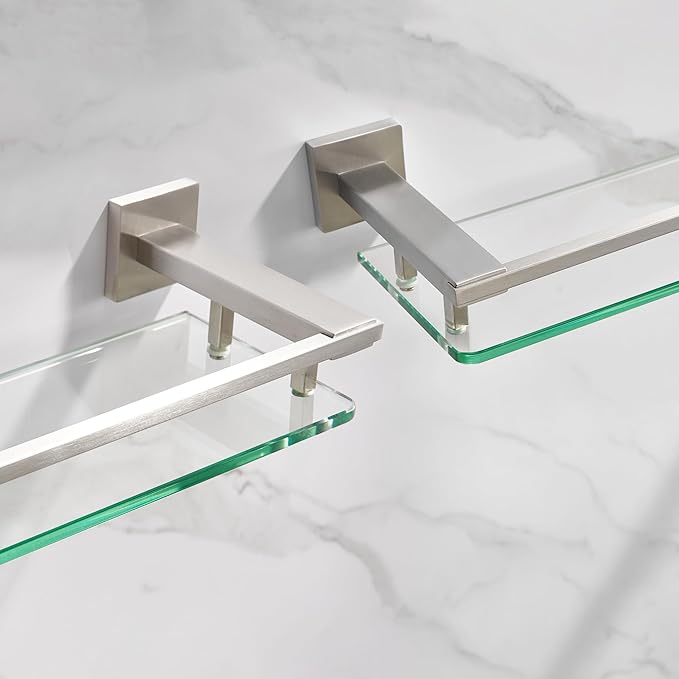 LANC Bathroom Shelves Glass Shelf 20-Inch Brushed Nickel Floating Tempered Glass Shelf Rectangular Modern Stainless Steel Wall Mount Shelves for Shower Bathroom Kitchen Organizers Accessories，A7613BN
