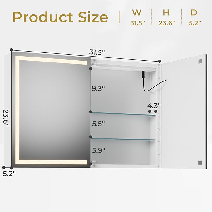 Hasuit Lighted Medicine Cabinet with Mirror, Wall Mounted Bathroom Mirror with Storage, 2 Doors Bathroom Wall Cabinet with LED Lights, 31.5'' x 23.6''