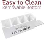 Kitchen Utensil Holder with Drainage Bottom, Extra Large 4 Compartments Solid Real Wood Utensil Organizer for Kitchen Counter, Farmhouse Cooking Tools Storage for Countertop, White