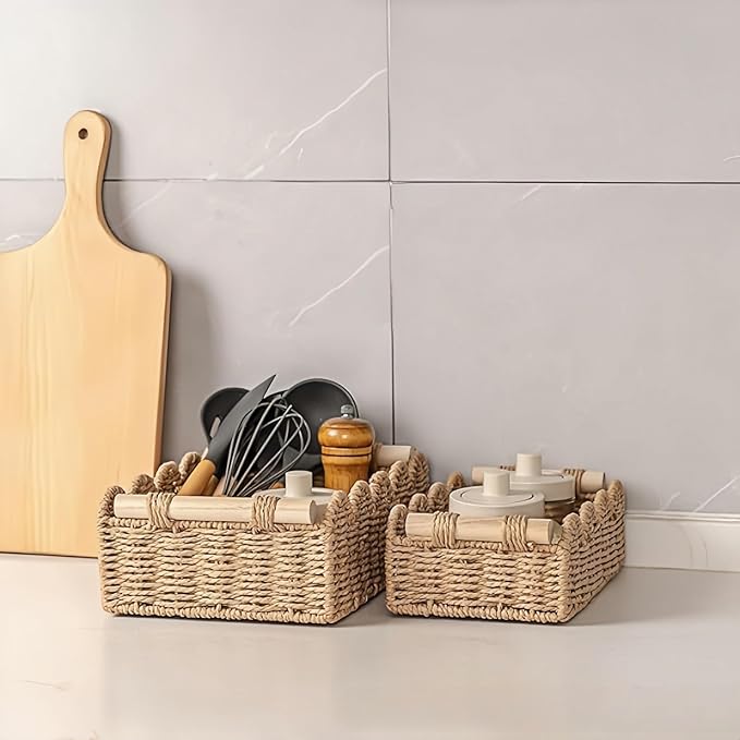 Toilet Paper Storage Basket,Wicker Baskets with Wood Handles,Toilet Tank Basket for Organizing,Scalloped Basket for Bedroom Nursery Room Kitchen Bathroom (2PC)