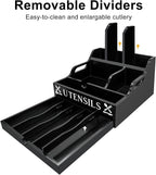 Kitchen Utensil Holder, Lagre Wooden Cooking Utensil Holder, Farmhouse Spatula Organizer, Countertop Utensil Crock for Forks Spoons Knives Kitchen Cooking Tools Storage with 11 Compartments(Black)