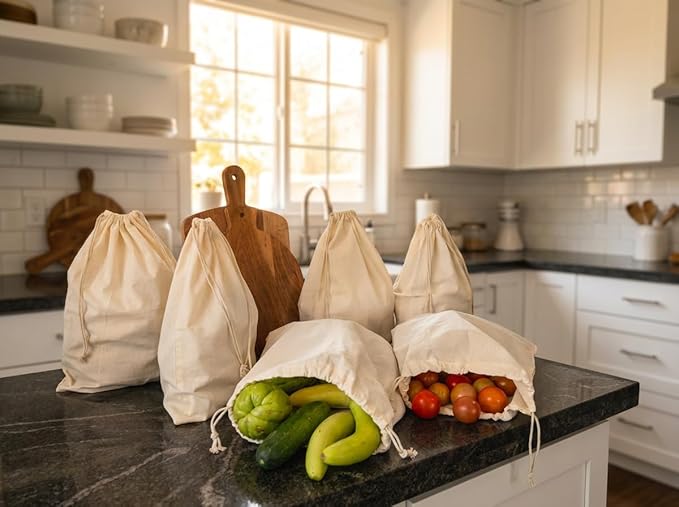 Premium Quality 8"x10" Cotton Single Drawstring Muslin Produce Bags, Pack of 12, Multiuse - kitchen storage, Travel, Soap & Boot Storage, shoe bags - Natural