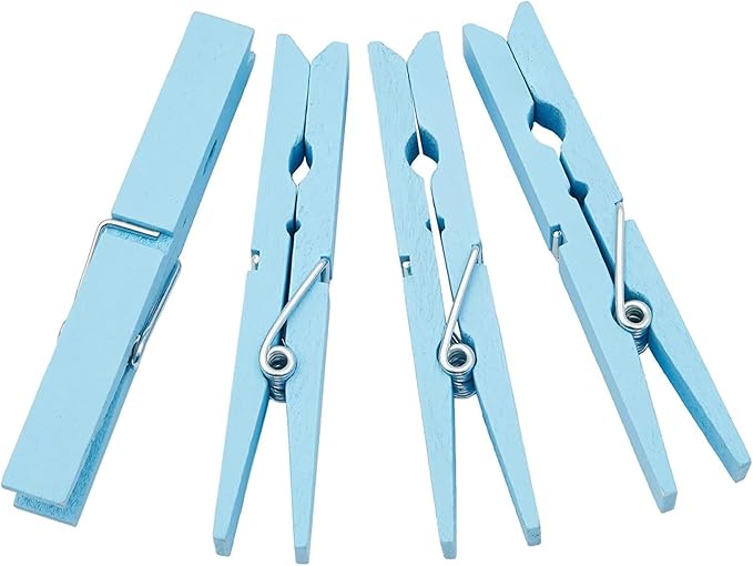 Juvale Wooden Clothes Pins - Strong Spring Grip for Laundry Clips - Colorful Clothespins for Crafts - Photo Display Clips - Pack of 100, Light Blue, 3.9"