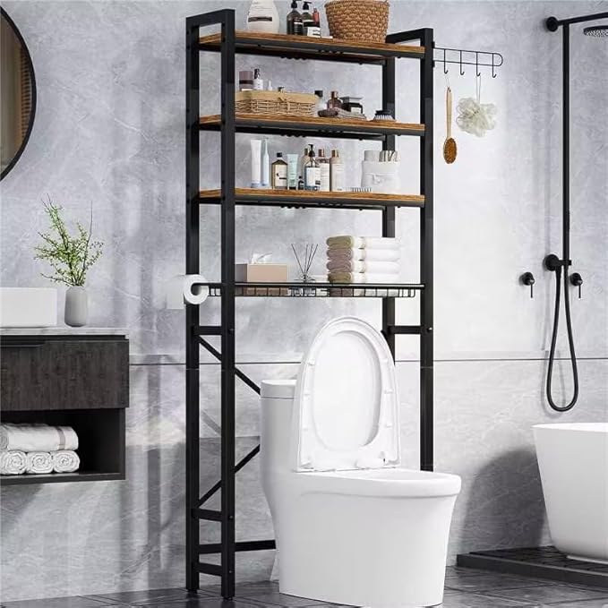 Over-The-Toilet Storage Rack, 4 Tier Bathroom Shelf Organizer Over Toilet with Adjustable Shelves, Basket, Hooks, Paper Holder, Quick Interlock Install & Water-Resistant Shelves (Vintage Brown)