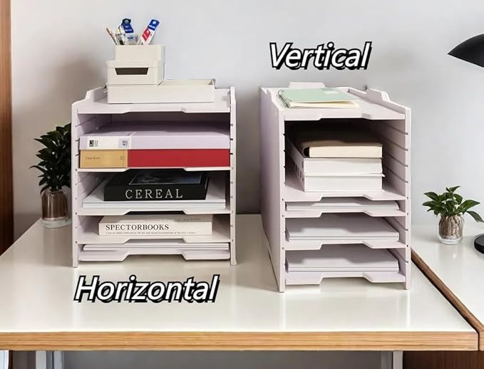 A4 Wooden Desk Letter Tray, Paper Organizer Storage with Adjustable Shelves, Stackable File Sorter for Notes, Pens, File Paper and Desk(Portrait-10tray(with 9 Adjustable Shelves))