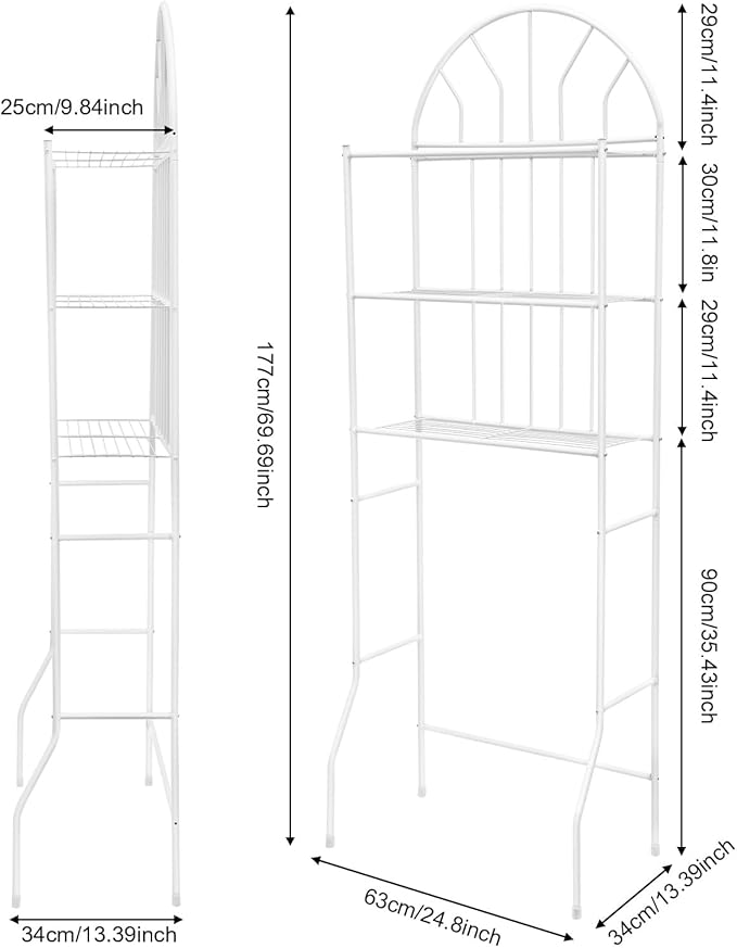 Over Toilet Storage Organizer - 3-Tier Bathroom Shelf Unit with 35.4" Clearance, 55lb Capacity, White Freestanding Metal Rack for Toiletries & Towels