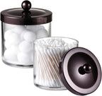 SheeChung 2-Pack Plastic Apothecary Jars with Bronze Metal Lids-25oz & 15oz Clear Acrylic Qtip Holder Set- Shatterproof Bathroom Vanity Organizer for Cotton Balls, Swabs-Modern Farmhouse Rustic Decor