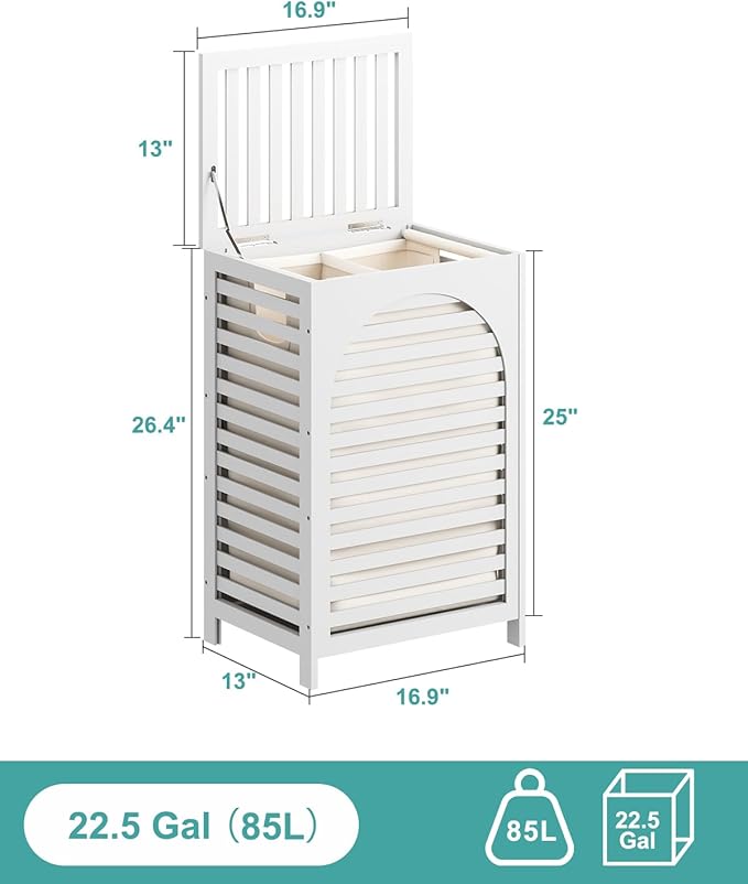 White Laundry Hamper, 22.5 Gallon (85L) Bamboo Wood Clothes Laundry Basket with Lid and Handles, Removable Liner