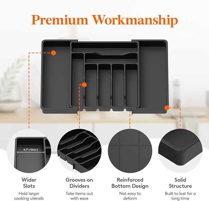 Lifewit Utensil Organizer for Kitchen Drawer, Expandable Cooking Silverware Tray, Adjustable Cutlery Flatware Holder, Plastic Spatula Tools Storage Divider, 13-22.4 x 15", Black