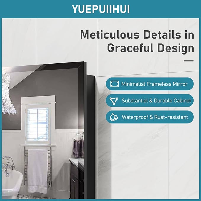 16 x 24 Inch Recessed Medicine Cabinet with Beveled Mirror, Bathroom Metal Mirror Medicine Cabinet with Adjustable Shelves, Wall Mounted Black Medicine Cabinets for Bathroom Storage Modern House