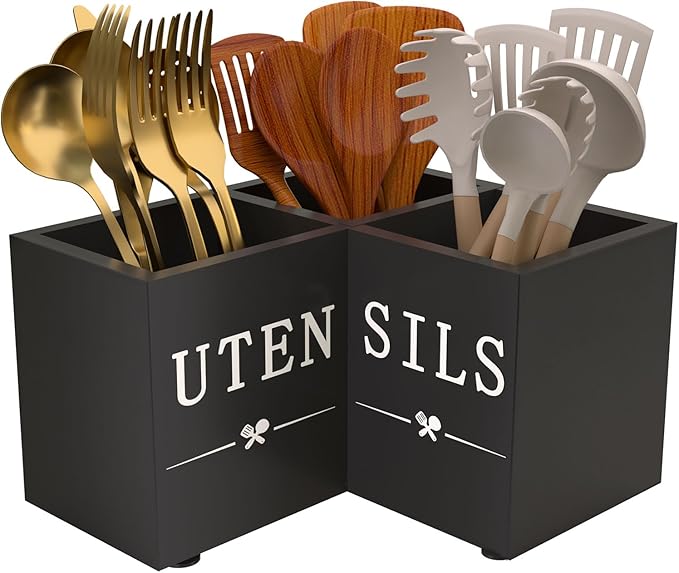 Natheeph Utensil Holder, Kitchen Utensil Holder for Counter, Extra Large Utensil Holder w/ 3-Compartment, Farmhouse Black Utensil Holder with Well-made Wood for Corner Organizer, Housewarming Gift