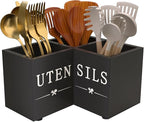 Natheeph Utensil Holder, Kitchen Utensil Holder for Counter, Extra Large Utensil Holder w/ 3-Compartment, Farmhouse Black Utensil Holder with Well-made Wood for Corner Organizer, Housewarming Gift