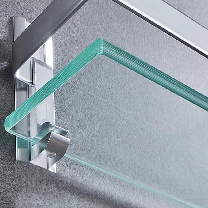 Bathroom Glass Shelf Tempered Glass Rectangular Extra Thick Aluminum Silver Sand Sprayed Wall Mounted 13.77 inches