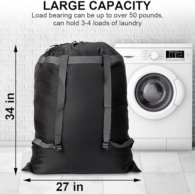 2 Pack Laundry Bag Backpack, 27” x 34”Sturdy Laundry Bag with Shoulder Straps Drawstring Closure Heavy Duty Foldable Laundry Backpack for College, Travel, Laundromat, Apartment (Black)