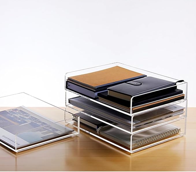 Elsjoy Set of 2 Acrylic File Tray, 2-Tier Stackable Paper Tray Clear Desktop File Organizer for Documents, Books, Magazine, Office, School