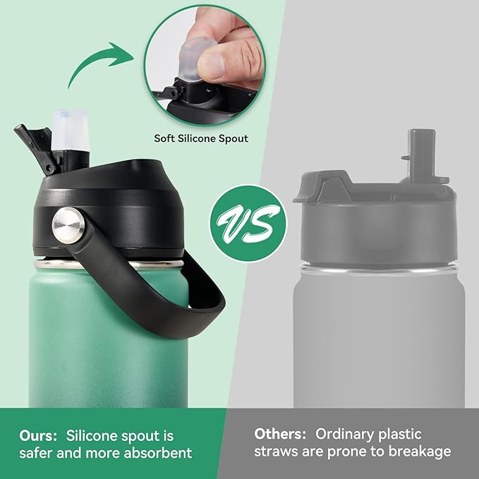 24oz Insulated Stainless Steel Water Bottle, Wide Mouth Double Wall Vacuum, Silicone Straw, Sweat & Leak Proof, BPA Free Insulated Water Flask for Travel, Keep Cold 24h Hot 12h, Green & Black
