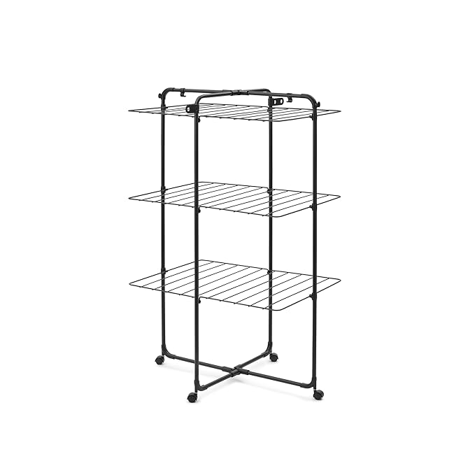 Brabantia HangOn Tower Clothes Drying Rack with Wheels | 76ft (23m) | Matt Black | Tall 3-Tier Indoor Clothes Airer with Adjustable Shelves for Towels, Folds Flat to Save Space | Fits 2+ Full Loads