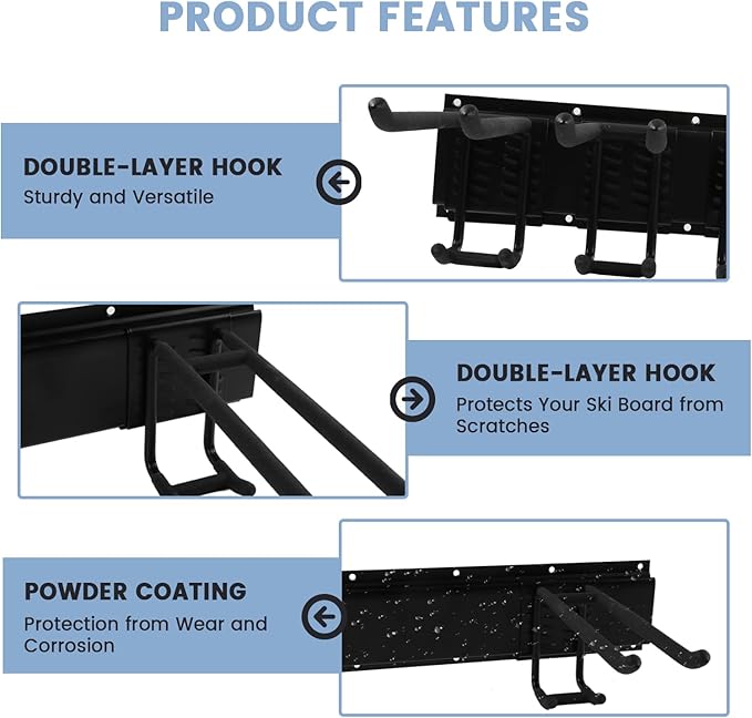 Ski Rack Wall Mount - Ski Holders for Wall Heavy Duty 10 Pairs of Snowboard Storage Indoor Holds Up to 300lbs for Garage Organization Home Shed