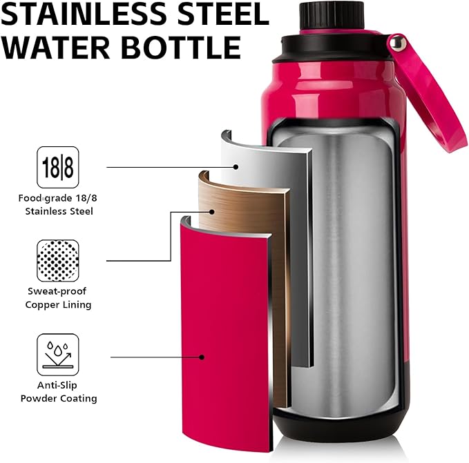 GREYLOCK 40 oz Insulated Water Bottle with Straw Lid, Leakproof Reusable Stainless Steel Vacuum Flask, 24hr Cold & Hot, Carry Handle & Silicone Spout, BPA-Free for Gym, Hiking, Travel,Red