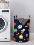 Ambesonne Space Laundry Bag, Cartoon Style Cosmos Themed Illustration Sun with Stars Planets and Space Rocket, Hamper Basket with Handles Drawstring Closure for Laundromats, 13" x 19", Black Burgundy