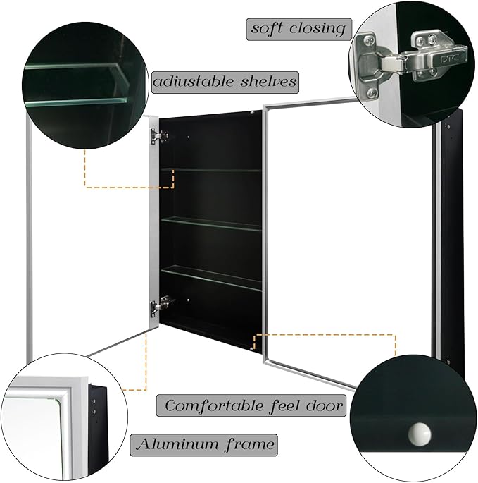 Medicine Cabinet with Aluminum Framed Mirror,36"x32" Surface Mount or Recessed Mount Bathroom Vanity Mirror,Single Door Bathroom Mirror with Storage Cabinet