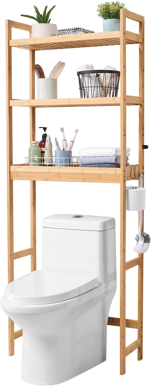 VEVOR Over The Toilet Storage, 3-Tier Adjustable Over Toilet Bathroom Organizer, Bamboo Storage Shelf Rack with 3 Hooks, Freestanding Easy Assembly Laundry Space Saver, Fit Most Toilets, Gray
