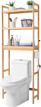VEVOR Over The Toilet Storage, 3-Tier Adjustable Over Toilet Bathroom Organizer, Bamboo Storage Shelf Rack with 3 Hooks, Freestanding Easy Assembly Laundry Space Saver, Fit Most Toilets, Gray