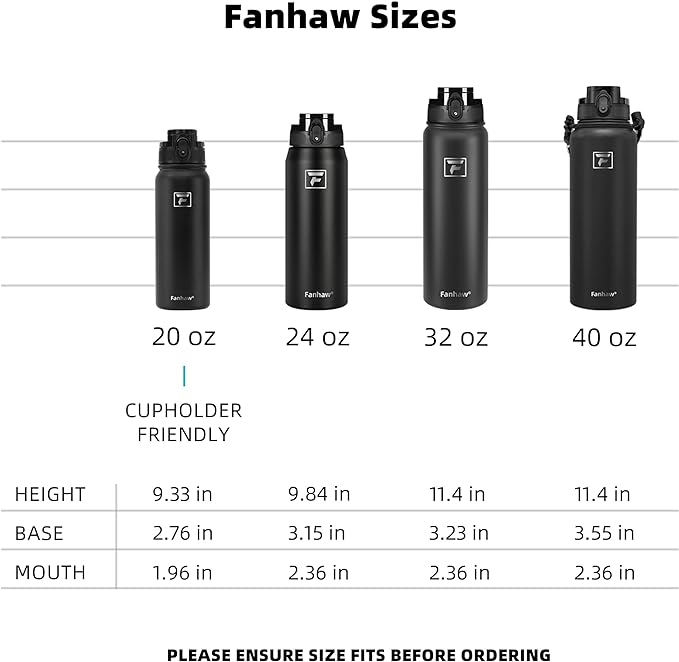 Fanhaw 40 oz Insulated Stainless Steel Water Bottle with Chug Lid, Leakproof & Sweat-Free Extra-Large Metal Bottle for Outdoor, Hiking & Gym (Black)