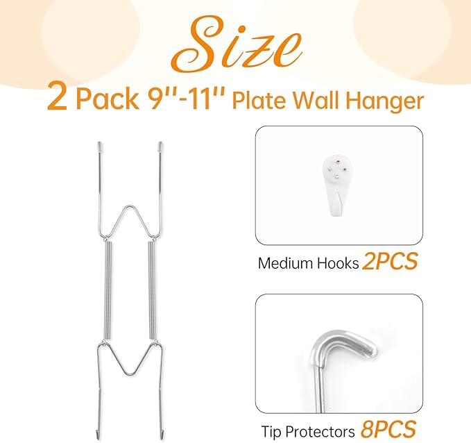 2 Pack Plate Hangers for The Wall, Suitable for 9-11 inch Art Plate, Stainless Steel Invisible Heavy Duty Wire Plate Holder with Wall Hooks, Plate Hangers for Displaying Plates, Platter, Dish, Silver