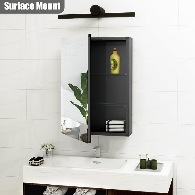 Fundin Medicine Cabinet 14 x 24 inches Mirror Size, Recessed or Surface Mount, Black Aluminum Bathroom Wall Cabinet with Mirror and Adjustable Shelves.