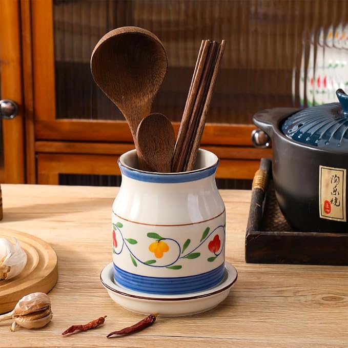 WAIT FLY Flower Pattern Porcelain Kitchen Utensil Holder with Bottom Flatware Storage Organizer Utensil Crock for Countertop Kitchen Counter Decor-Blue