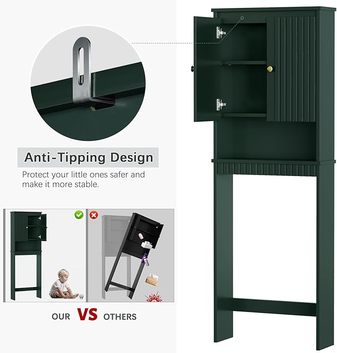 Over The Toilet Storage Cabinet, Over The Toilet Storage with Fluted Door Over The Toilet Cabinet with Adjustable Shelf Above The Toilet Storage Cabinet for Bathroom Organizer, Forest Green