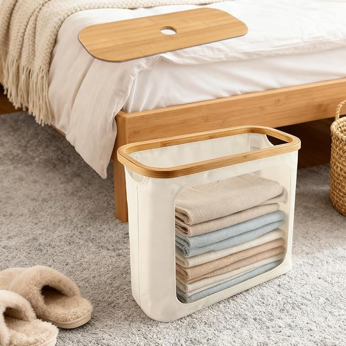 Toilet Paper Storage Holder with Lid, Freestanding Toilet Paper Basket Stand for 9 to 12 Rolls, Bathroom Storage Organizer with Bamboo Lid(Beige)