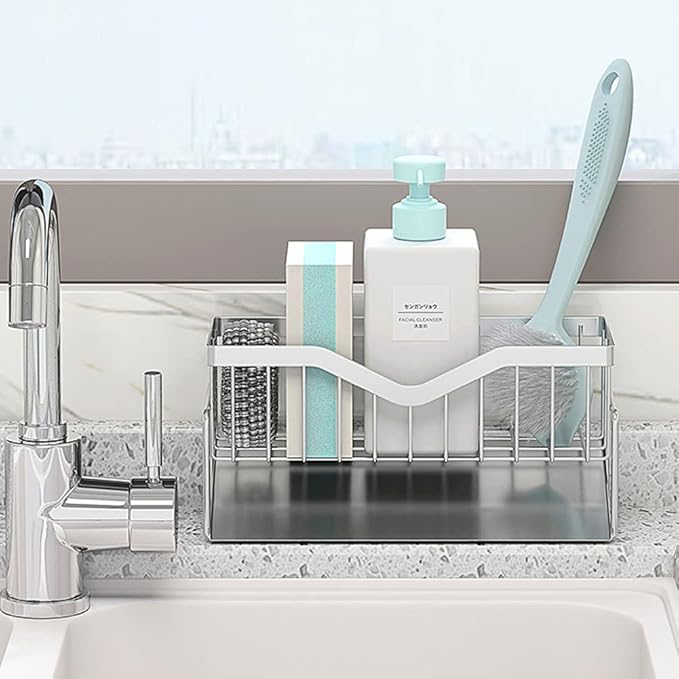 Kitchen Sink Caddy Sponge Holder, Quick Draining, SUS 304 Stainless Steel Sponge Organizer, Basket for Cleaning and Scrub Tool, Kitchen Sink Brush Caddy Holder