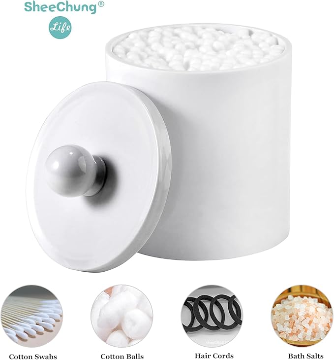 SheeChung 6 Pack White Acrylic Apothecary Jars - Shatterproof Qtip Holder Dispenser Set - Opaque Bathroom Vanity Organizer for Cotton Swabs,Balls,Pads - Modern Minimalist Decor(3*10oz,3*12oz)