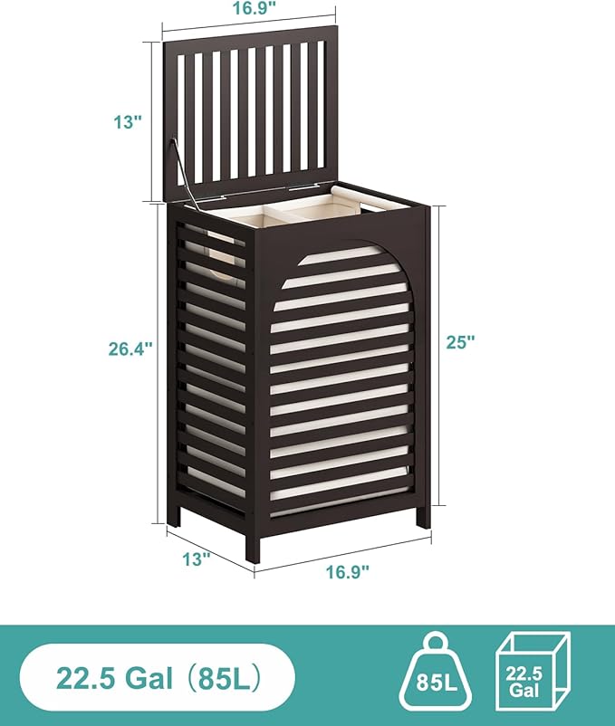 Laundry Hamper, 22.5 Gallon (85L) Bamboo Wood Clothes Laundry Basket with Lid and Handles, Removable Liner (Brown, Large)