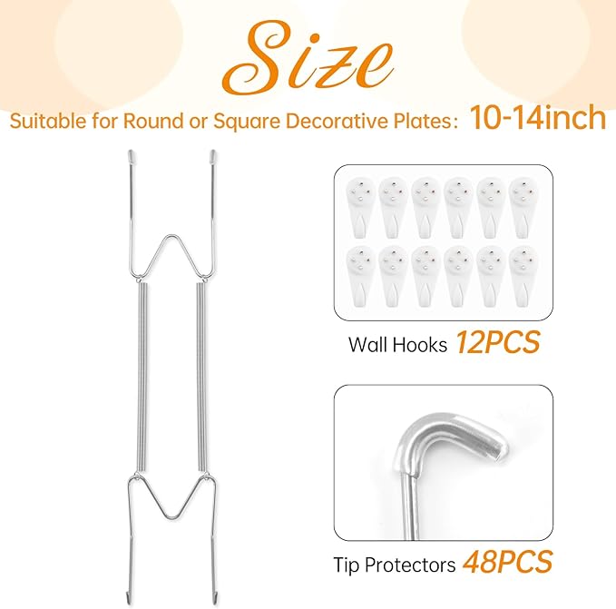 Bilillo 12 Pack Plate Hangers for the Wall, Suitable for 10-14 inch Art Plate, Stainless Steel Invisible Heavy Duty Wire Plate Holder with Wall Hooks, Plate Hangers for Displaying Plates, Silver