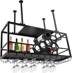 Ceiling Mounted Wine Rack with Glass Holder, Black Iron Hanging Wine Bottle Storage, 39.37x11.81x15.75 Inch, 150lbs Capacity, Modern Rectangular Design
