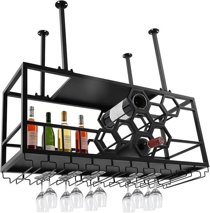 Ceiling Mounted Wine Rack with Glass Holder, Black Iron Hanging Wine Bottle Storage, 39.37x11.81x15.75 Inch, 150lbs Capacity, Modern Rectangular Design