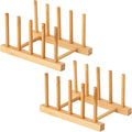 Bamboo Wooden Dish Rack, Plate Organizer for Cabinet Space Saver and Kitchen Counter, Bowl/Cup/Pot Lid/Cutting Board Drying Holder (4 Slots)
