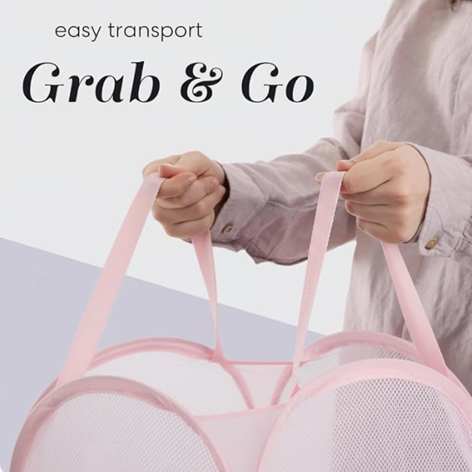 Handy Laundry Collapsible Mesh Pop Up Laundry Hamper, Breathable & Foldable Basket with Side Pocket, Space-Saving, Durable Handles, Wide Opening for Clothes, Toys & Storage, 14 x 13 x 24 in, Pink