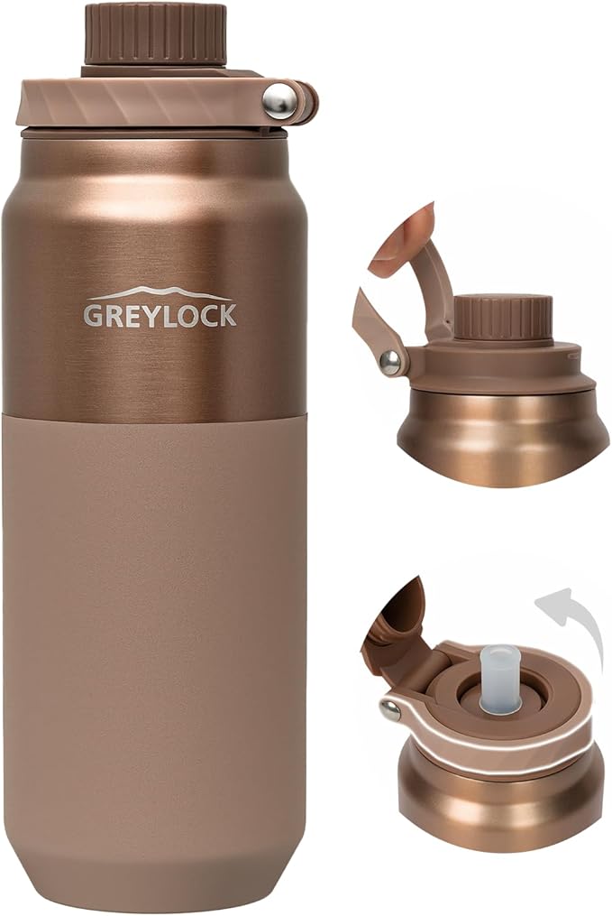 Greylock 20 oz Insulated Water Bottle with Straw Lid, Reusable Stainless Steel Sports Water Bottles with Foldable Handle, Leak Proof, Double-Wall Vacuum Insulation, 24 Hours Cold (Sunset Bronze)