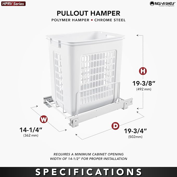 Rev-A-Shelf Pullout 20" Deep Cabinet Floor Steel Mounted Polymer Plastic Clothes Laundry Hamper with Full Extension Slides, White, HPRV-1520 S - Hidden Storage Organizer for Laundry Room and Bathroom