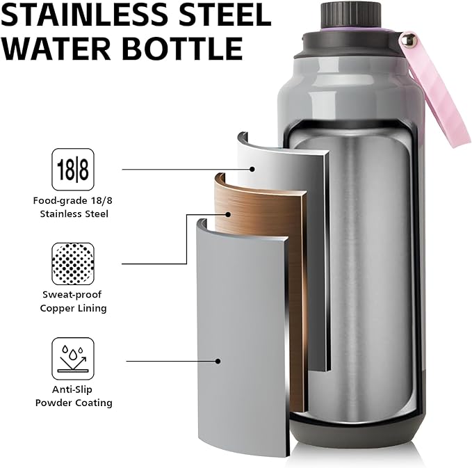 GREYLOCK 32 oz Insulated Water Bottle with Straw Lid, Leakproof Reusable Stainless Steel Vacuum Flask, 24hr Cold & Hot, Carry Handle & Silicone Spout, BPA-Free for Gym, Hiking, Travel, Grey