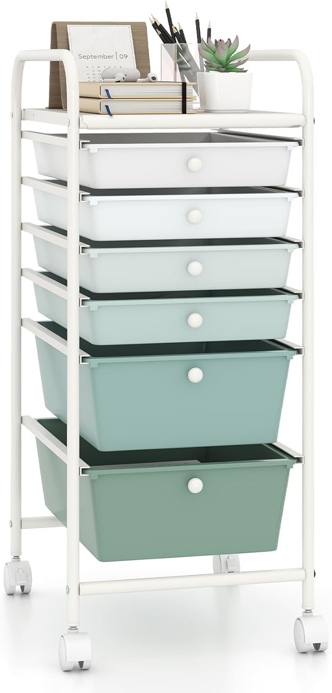 Giantex 6 Storage Drawer Cart Rolling Organizer Cart for Tools Scrapbook Paper Home Office School Multipurpose Mobile Utility Cart, Green Gradient