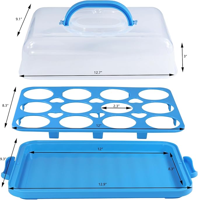 Cake Carrier with Lid, Cake Holder Cupcake Container for 12 Cupcakes 2 in 1 Portable Dessert Container for Pie Muffin Cobbler (Blue)