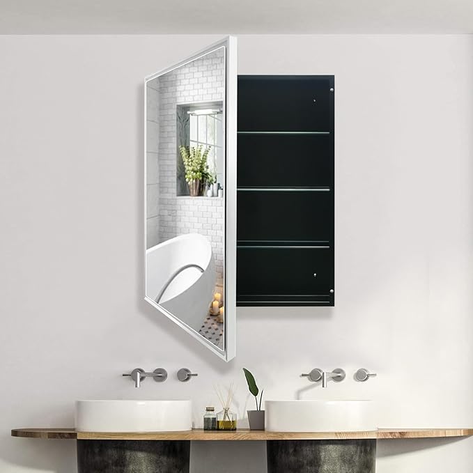 24x30 Inch Medicine Cabinet with Mirror, Brushed Nickel-Aluminum Frame, Farmhouse Bathroom Storage Cabinet (Recessed or Surface Mount)