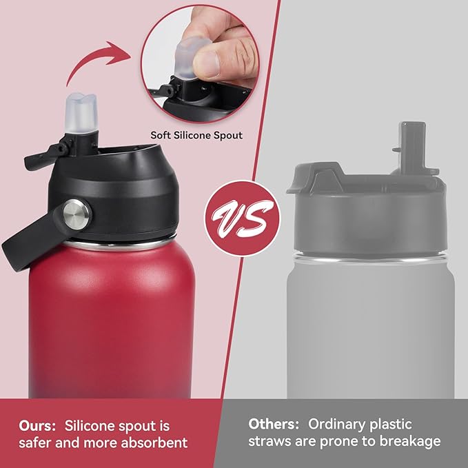 32oz Insulated Stainless Steel Water Bottle, Wide Mouth Double Wall Vacuum, Silicone Straw, Sweat & Leak Proof, BPA Free Insulated Water Flask for Travel, Keep Cold 24h Hot 12h, Red