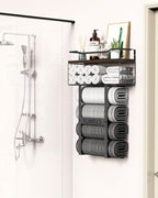 Rustic Brown Wood Vertical Towel Rack - Bath Wall Holder Set Above Toilet Storage, Rolled Towel Shelf Organizer for Small Bathrooms