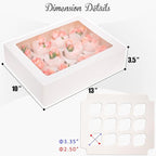Bakepacker Auto-pop Up Cupcake Boxes with Window White 20PCS 12 Count Cupcake Box 13"x10"x3.5" Cupcakes Carrier, 12 Cupcake Containers with rolls of pink ribbons